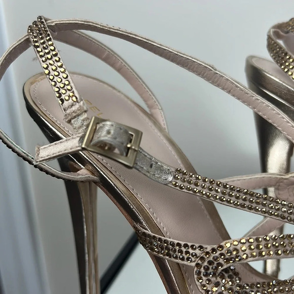 PELLE MODA FARAH EVENING SANDAL PLATINUM LEATHER Rhinestone Platform High Heels - Picture 12 of 13